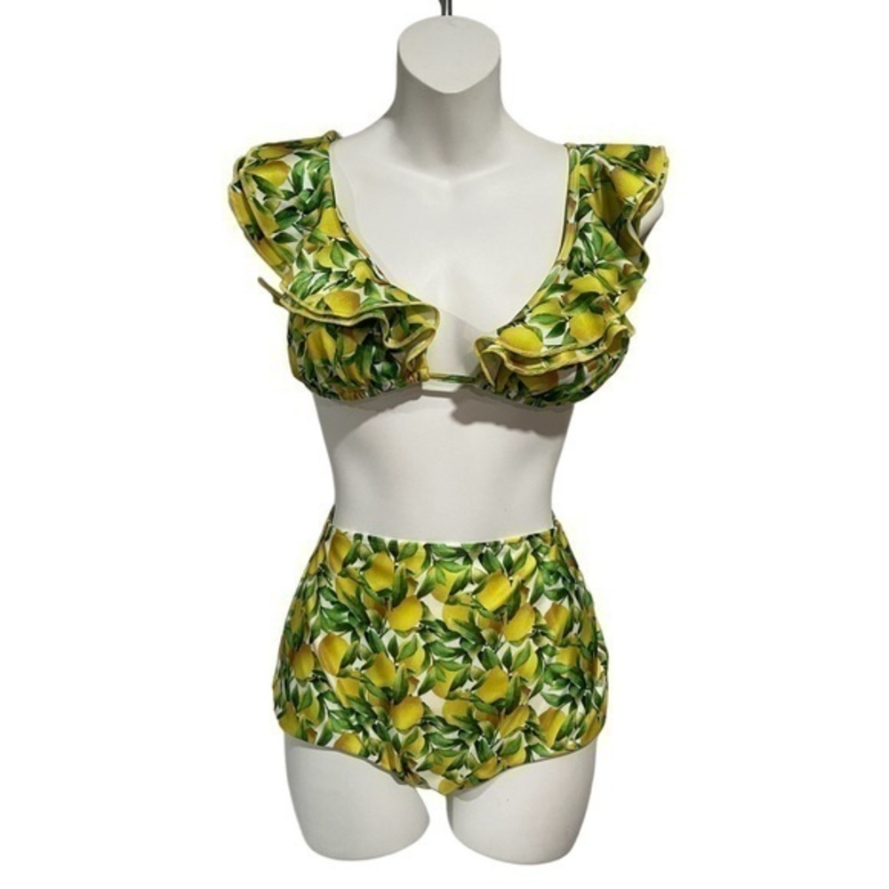 LINA MEDINA Vintage lemon print ruffled bikini set size medium